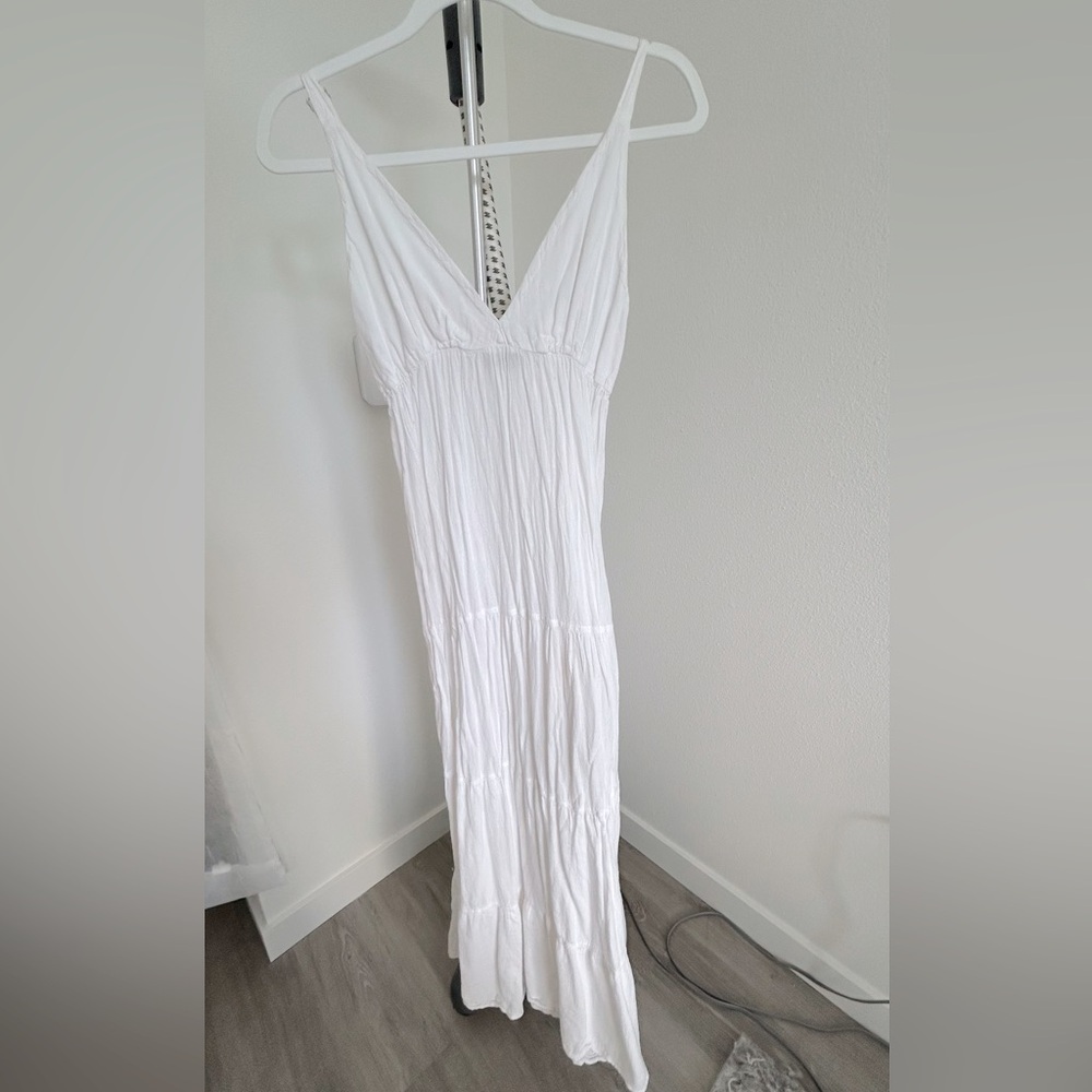 White Linen Adjustable-Strap Plunging V-Neck Dress